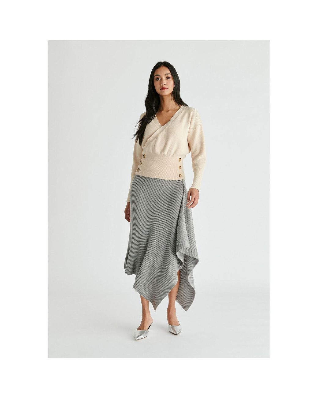 Paisie Natural Neutrals Knitted Wrap Top With Side Buttons