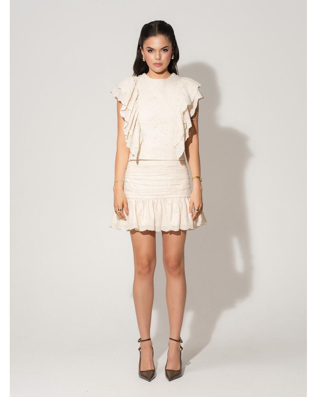 Tia Dorraine Natural Neutrals Ruffled Open Back Top & Ruched Mini Skirt Set