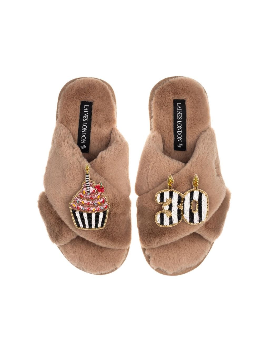 Laines London Brown Classic Laines Slippers With Stripe 30Th Birthday & Cake Brooches
