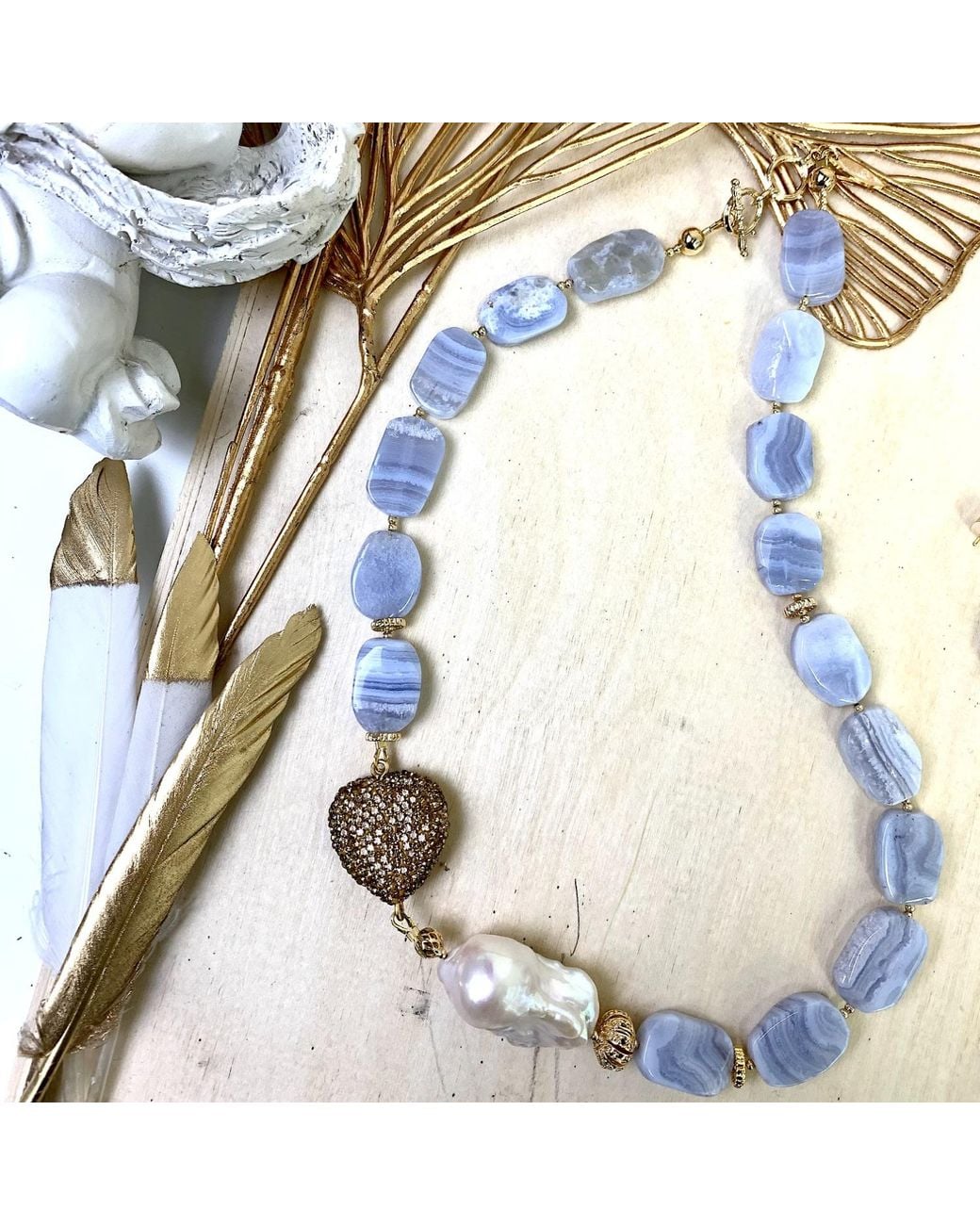 Farra Blue Lace Agate Heart Charm Short Necklace