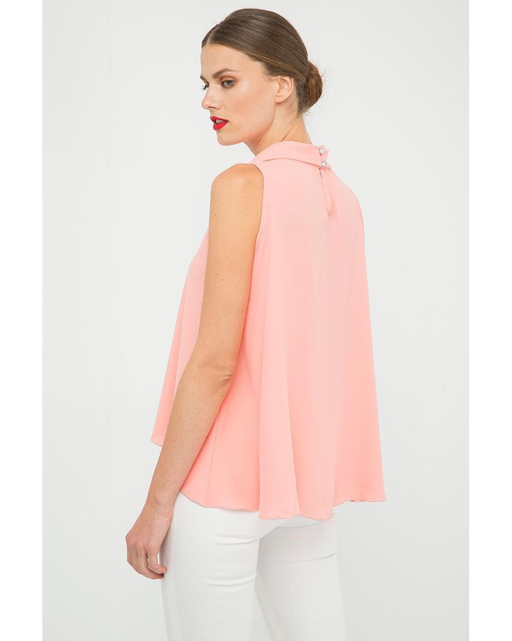 Conquista Pink Peach Sleeveless Top With Tie Neck