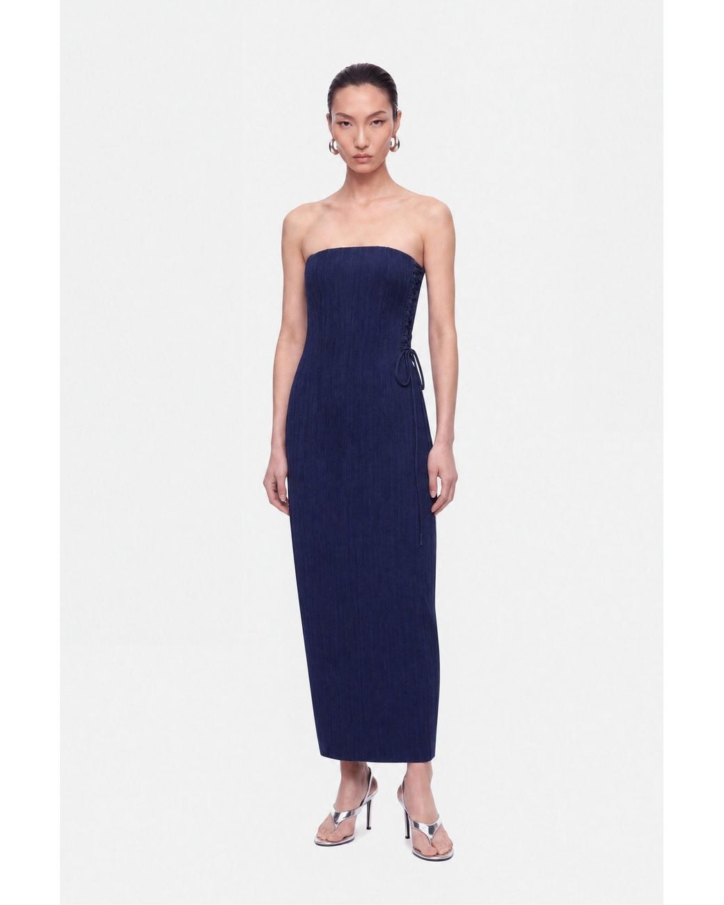 Nocturne Blue Strapless Lace-Up Midi Dress