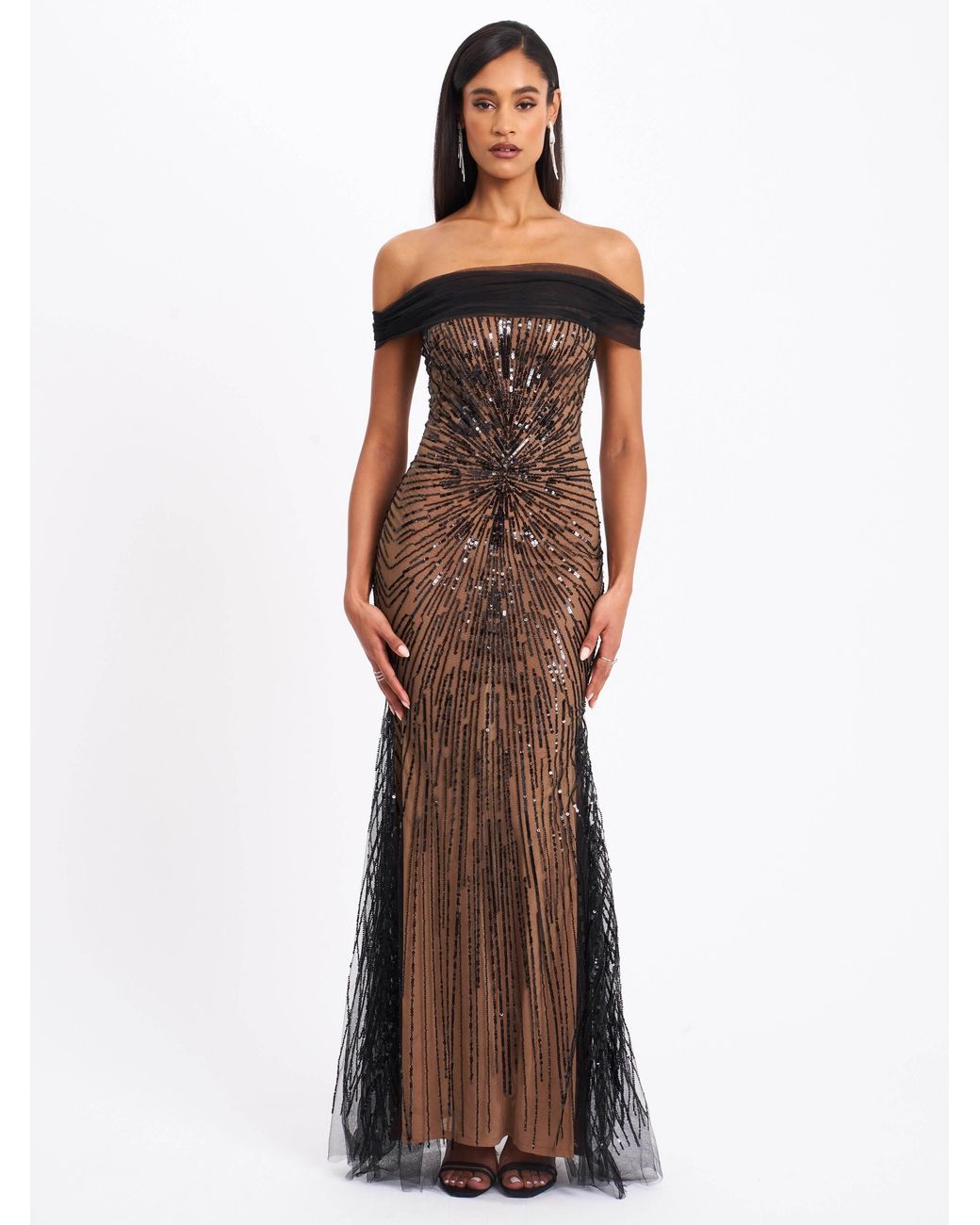 Miss Circle New York Black Qeturah Embroidered Sequin Off Shoulder Mesh Gown