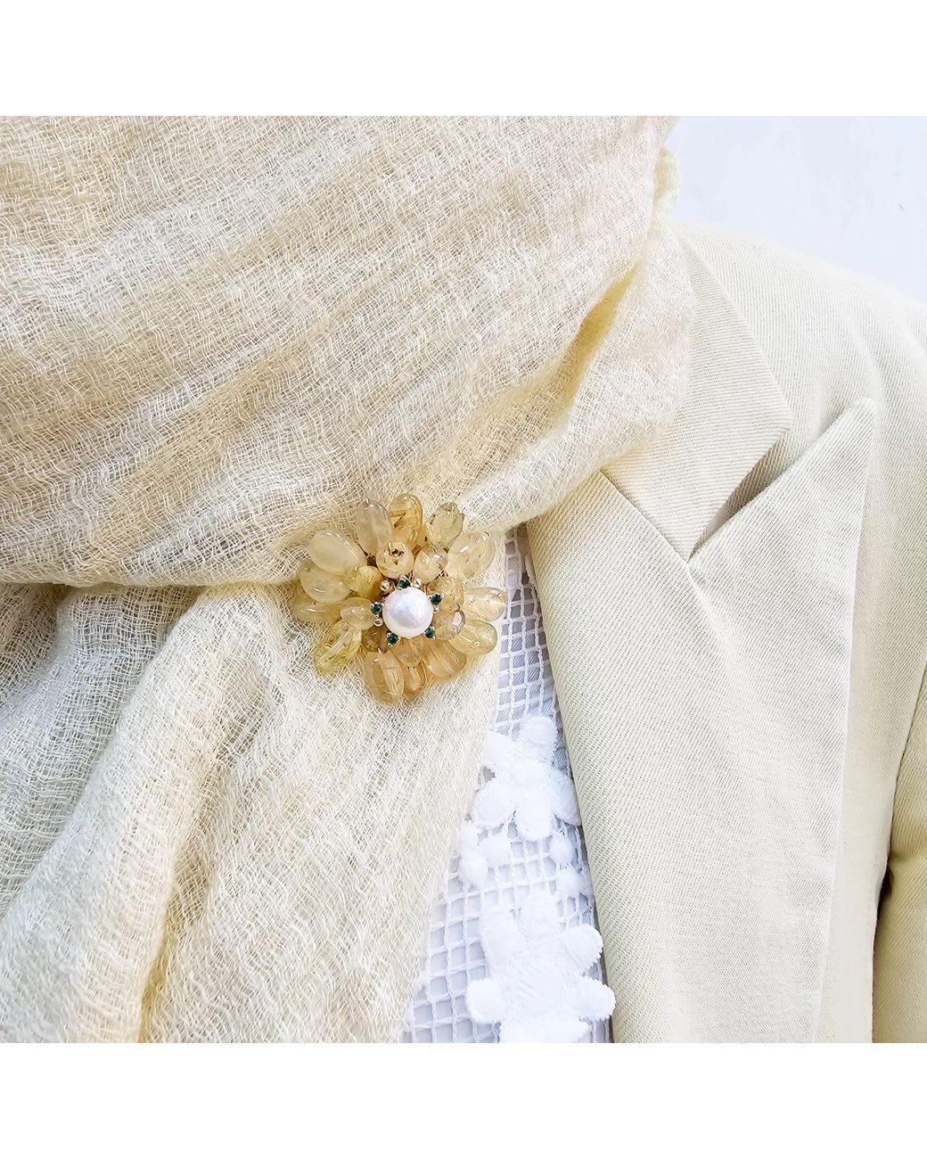 Farra Metallic Prosperity Citrine Beads Flower Brooch