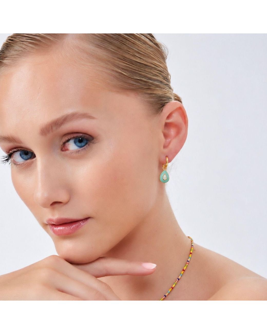 Spero London Metallic Enamelled Jewelled Sterling Drop Hoop Earring