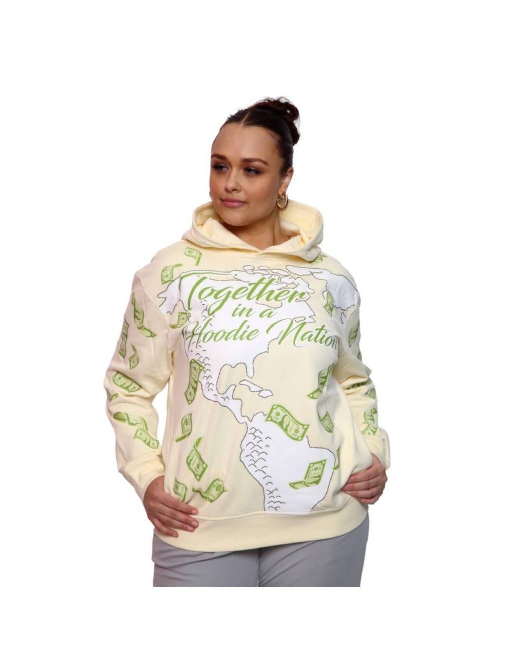 Miracles Manifester Gray Neutrals Manifestation Embroidered Hoodie With Rhinestone Design