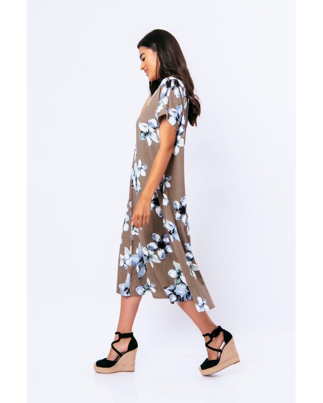 Conquista Blue Linen Style Floral Print Midi Dress With Belt