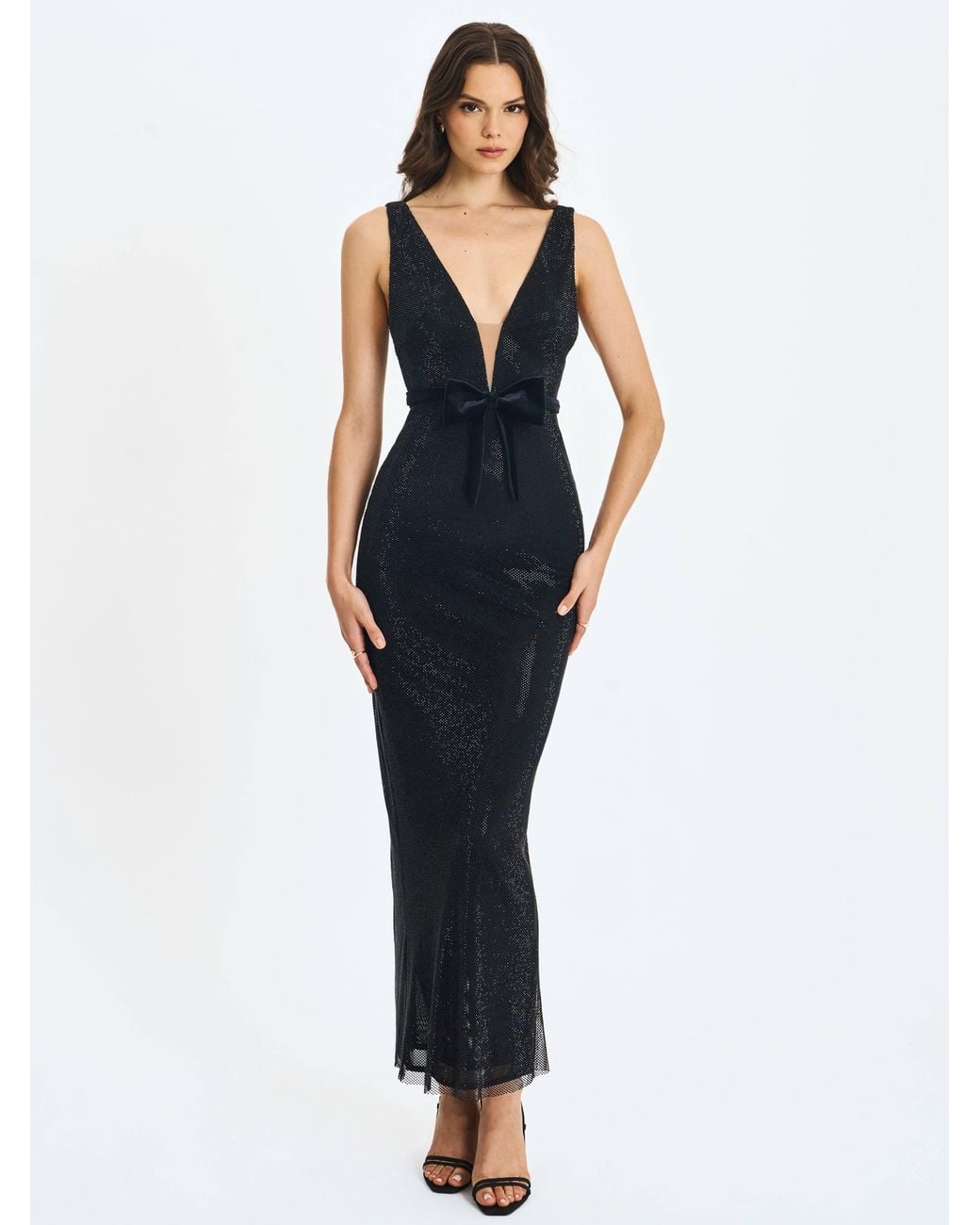 Miss Circle New York Black Olympia Belted Bow Plunging Rhinestone Maxi Dress