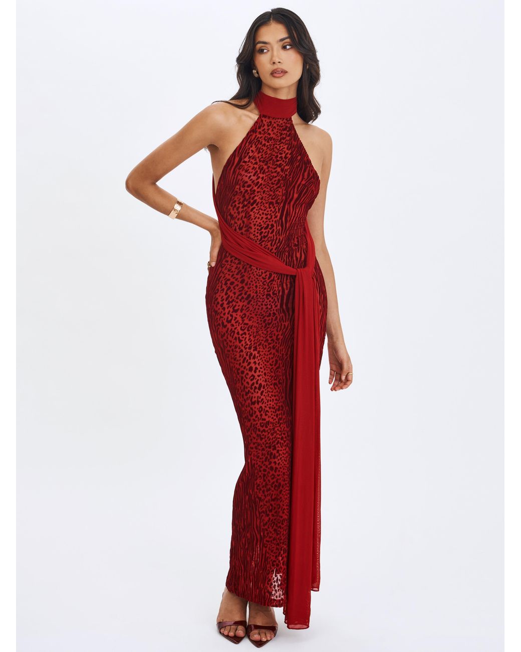 Miss Circle New York Red Cerise Scarlet Burnout Velvet Multiwear Mesh Ribbon Maxi Dress