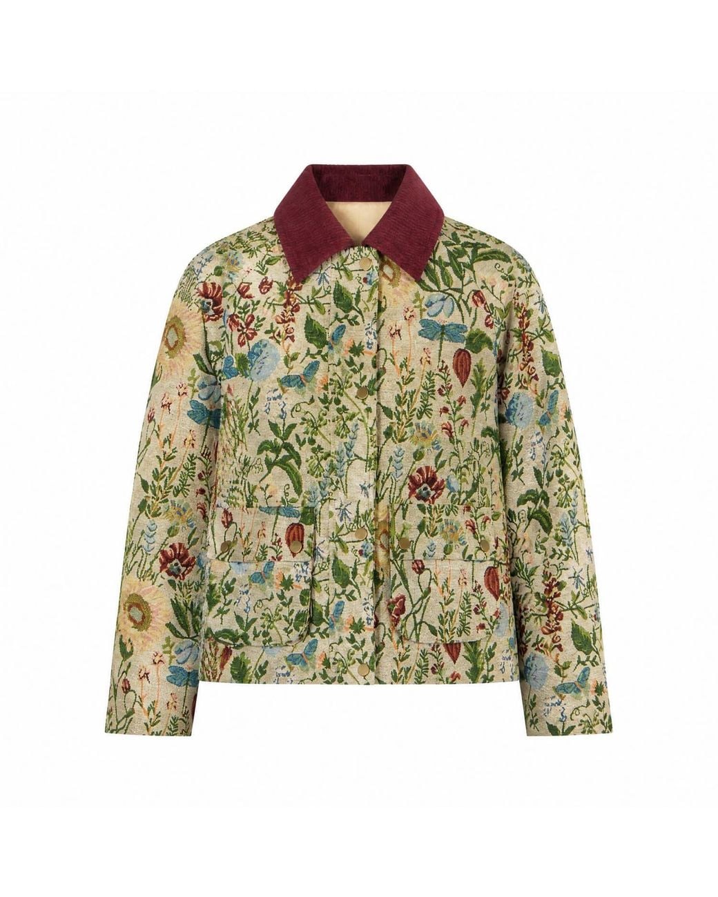 Yumi' Green Ivory Botanical Woven Bomber Jacket
