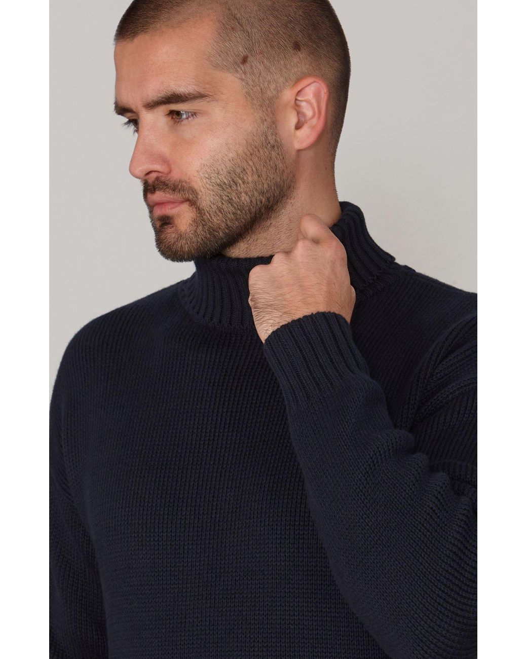 Paul James Knitwear Blue Heavyweight Cotton Arthur Submariner Roll Neck Jumper for men