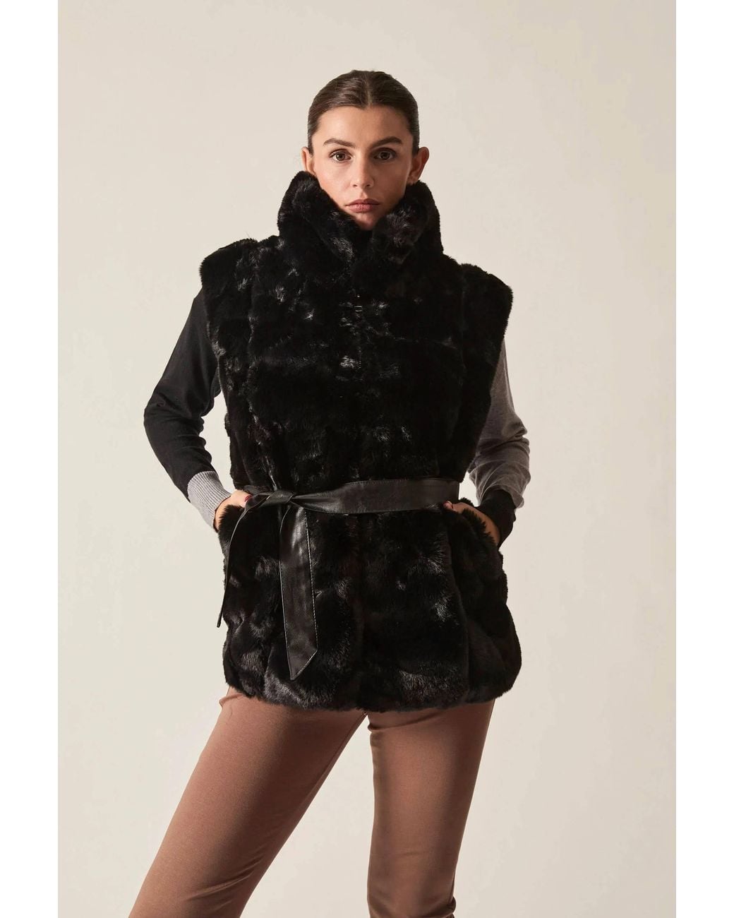 James Lakeland Black Faux-Fur Belted Gilet
