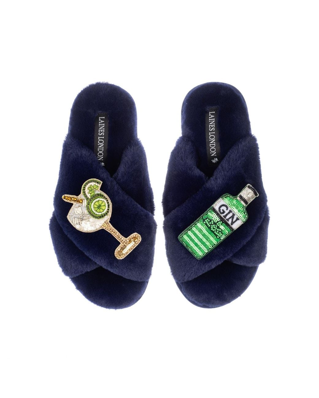 Laines London Blue Classic Laines Slippers With Original Gin & Glass Brooches
