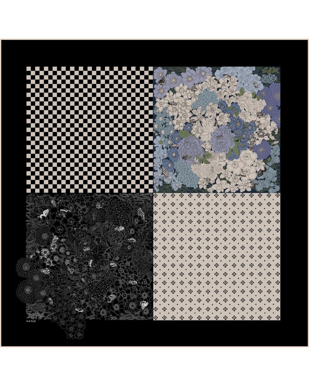 Wenzi Gray Patchwork Of Dreams Hand Painted Pattern Double Sided Silk Twill Scarf