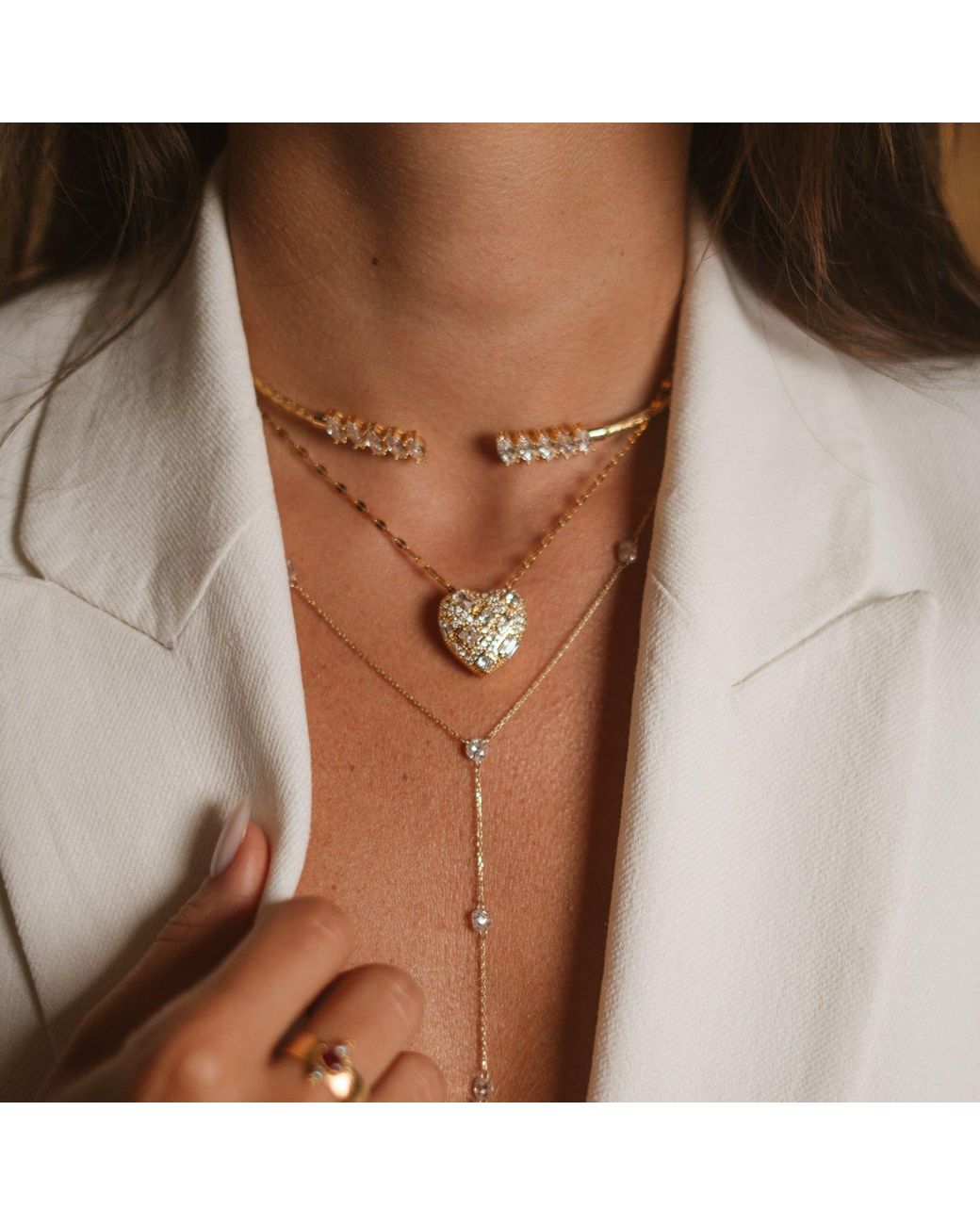 Ebru Jewelry Metallic Sparkly Baguette Mosaic Big Heart Love Statement Necklace