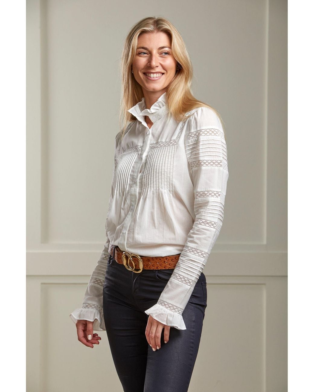 Guinea London Natural Cotton Pintuck & Lace Blouse