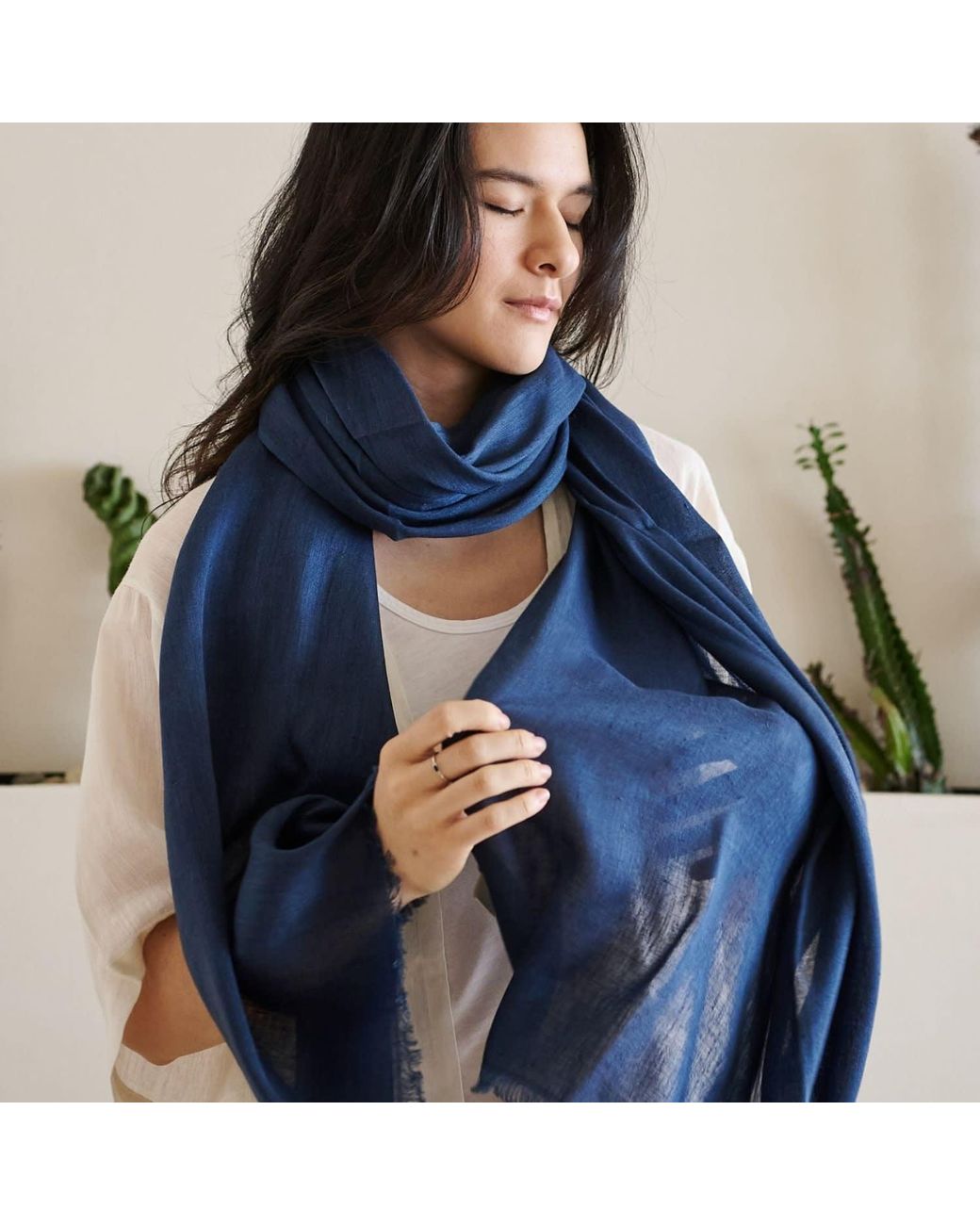 Variously Blue Midnight Hand Woven Linen Silk Blend Scarf