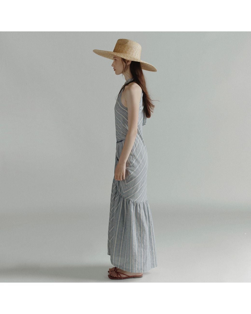 Belsize25 Blue Striped Halterneck Ruched Maxi Dress