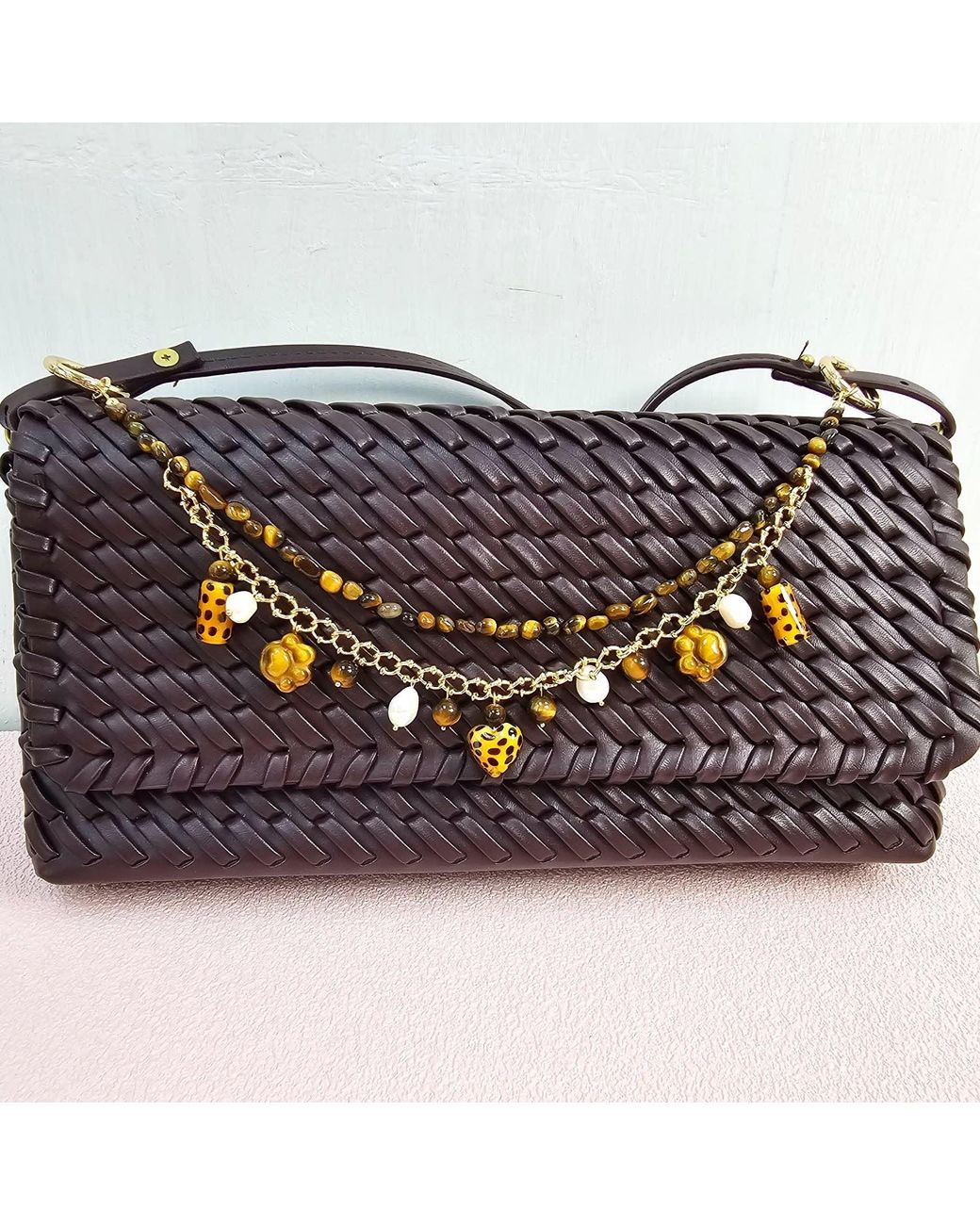 Farra Brown Leopard Print Tiger-Eye Stone And Pearls Layered Bag Charm
