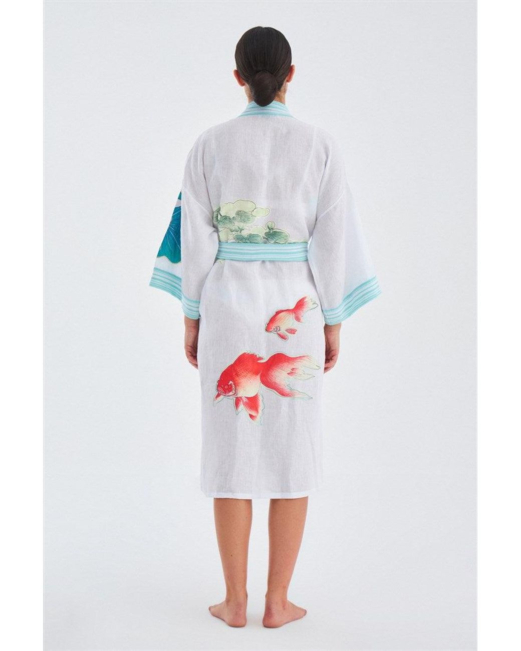 Peraluna Blue Lotus Flower And Fish Applique Linen Kimono