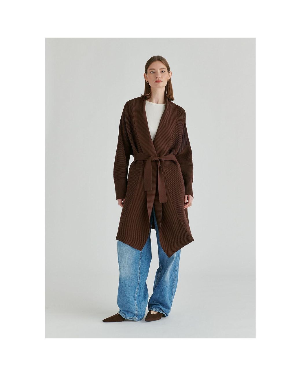 Paisie Brown Draped Collar Ribbed Cardigan