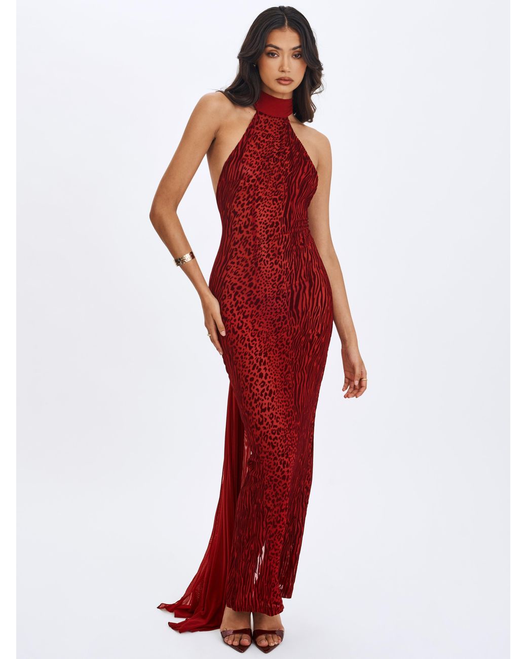 Miss Circle New York Red Cerise Scarlet Burnout Velvet Multiwear Mesh Ribbon Maxi Dress