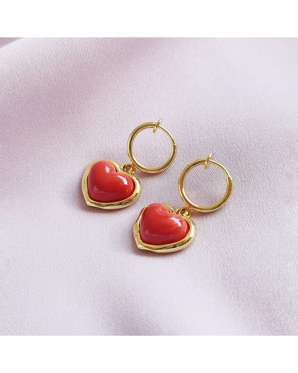 POPORCELAIN Red Porcelain Heart Clip-On Hoop Earrings
