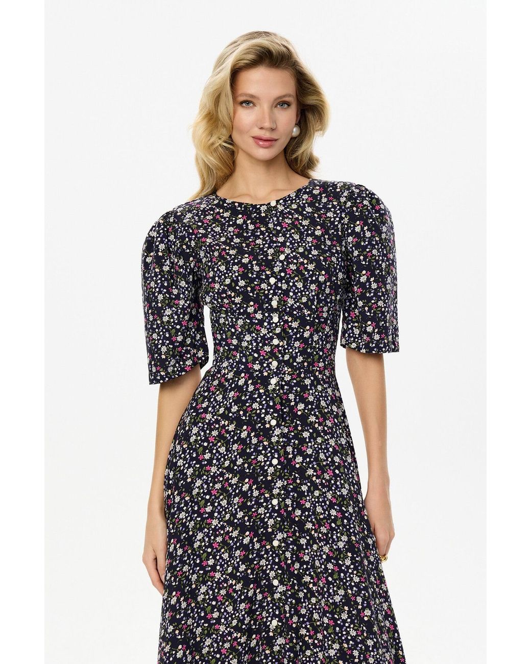 POST MERIDIEM Gray Short Sleeve Buttoned Midi Dress