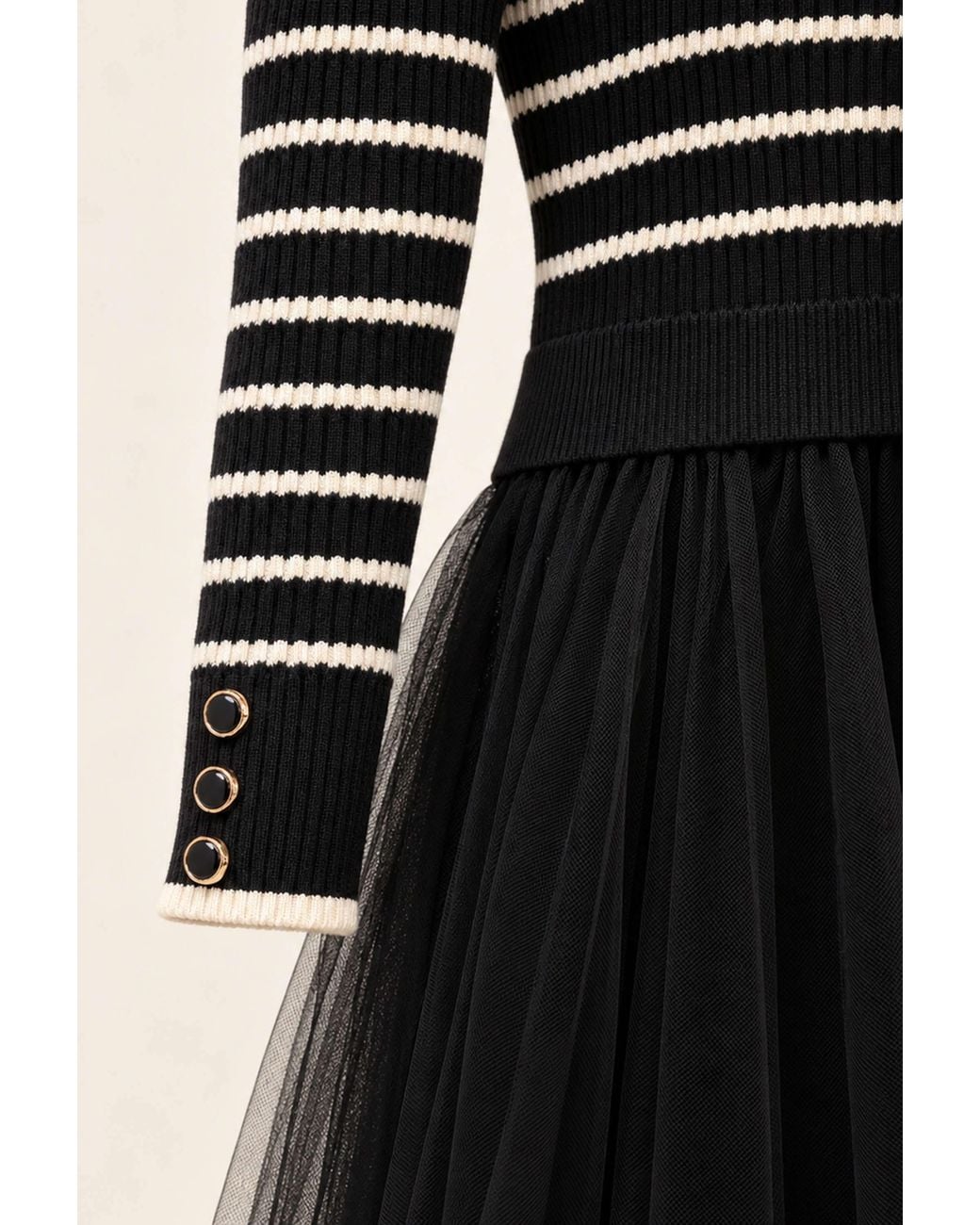 James Lakeland Black Striped Knit & Tulle Midi Dress