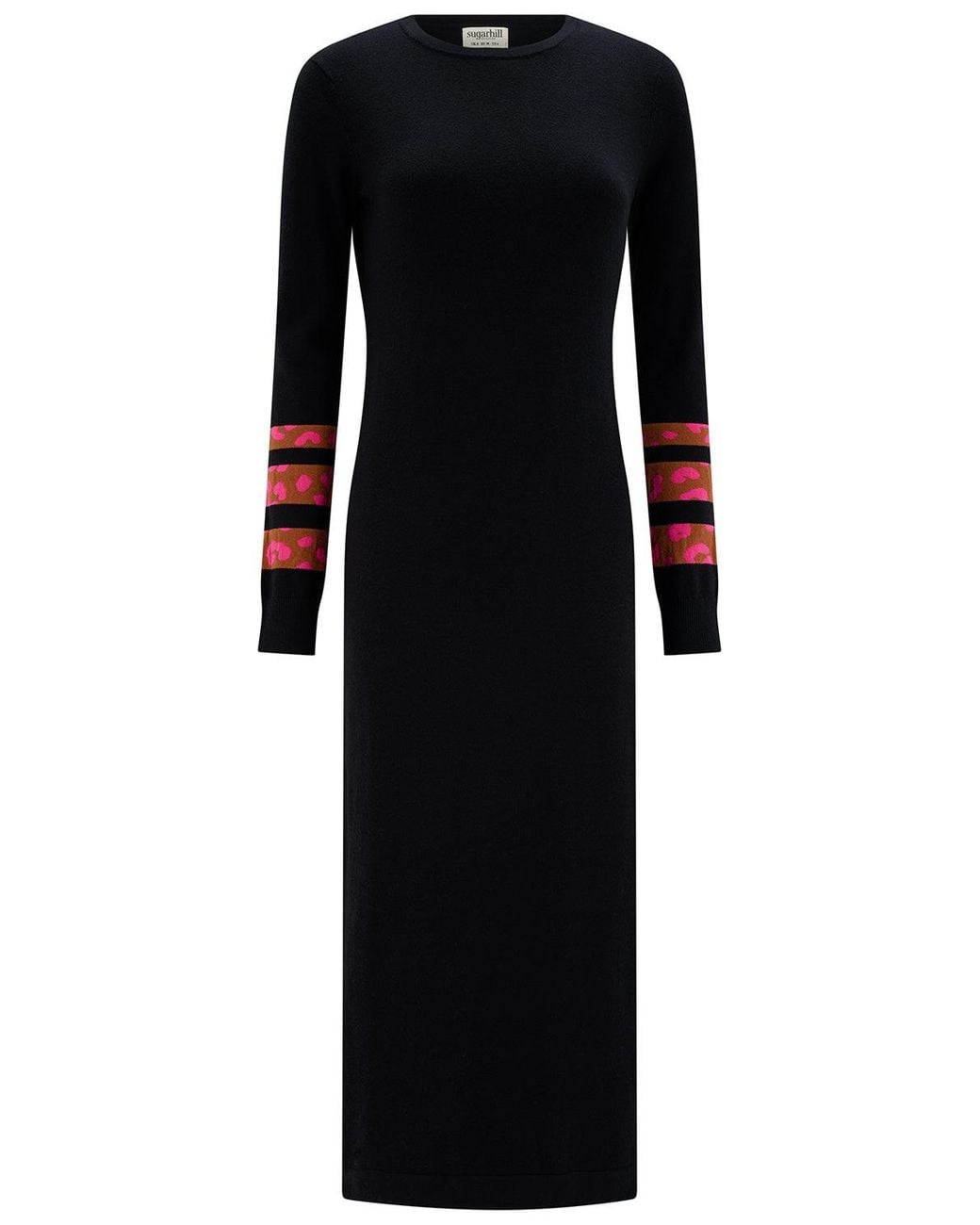 Sugarhill Black Liselle Knitted Midi Dress Leopard Stripe