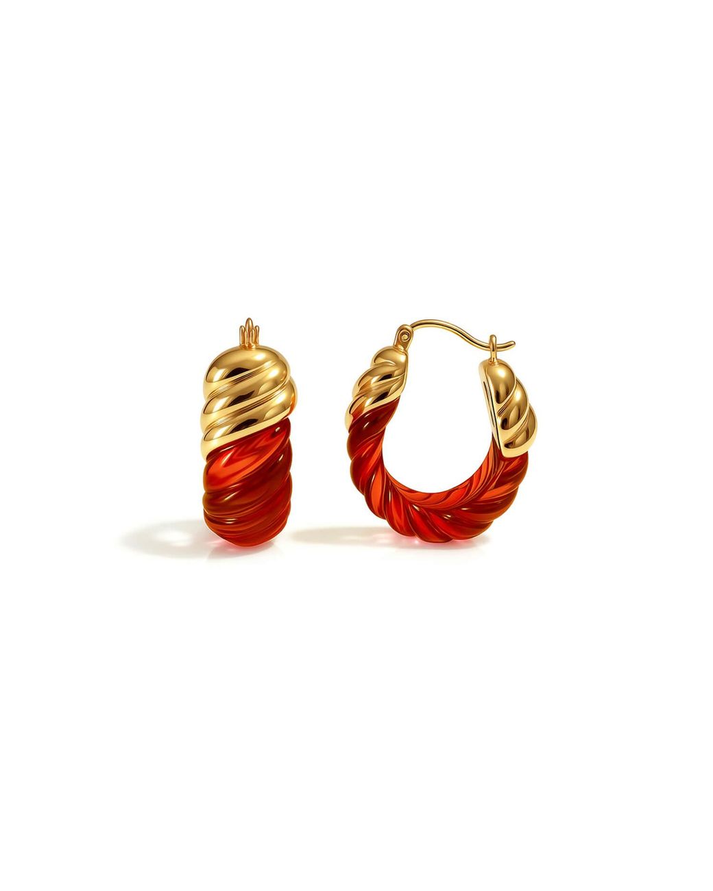 Gold & Honey Red Ruby Rope Shrimp Lucite Birthstone Hoop Earrings