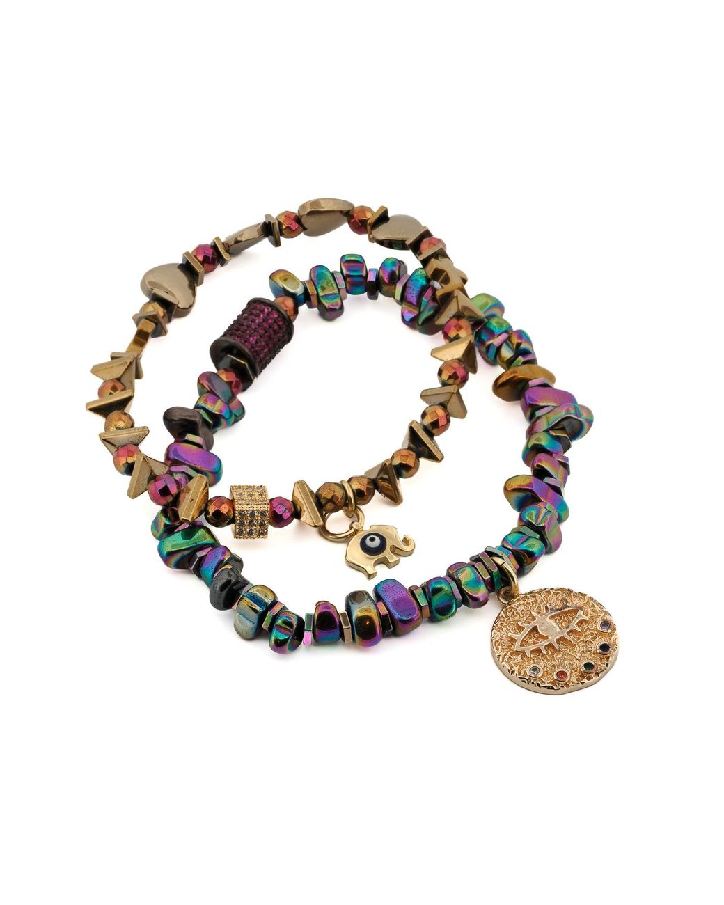 Ebru Jewelry Multicolor Hematite Stone Protective Evil Eye Lucky Elephant Bracelet Set
