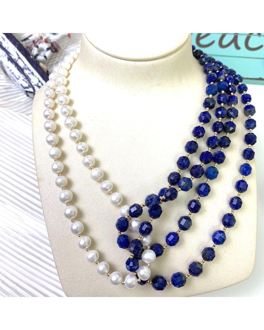 Farra Blue Lapis With Freshwater Pearls Multi Layers Necklace