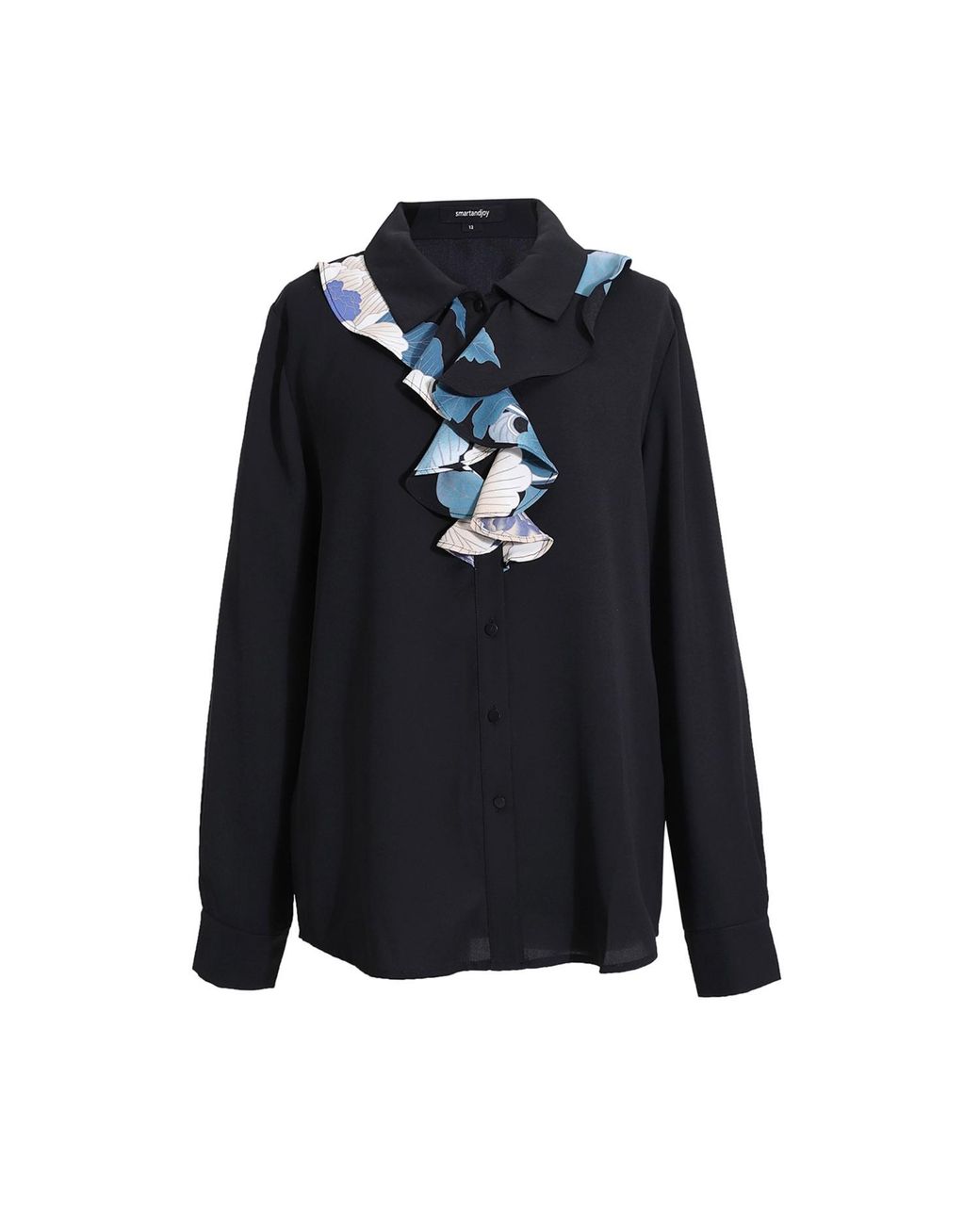 Smart and Joy Blue Flower Print Jabot Collar Blouse