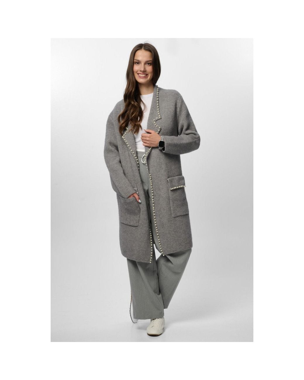 Saachi Gray Pearl Trim Long Knit Blazer