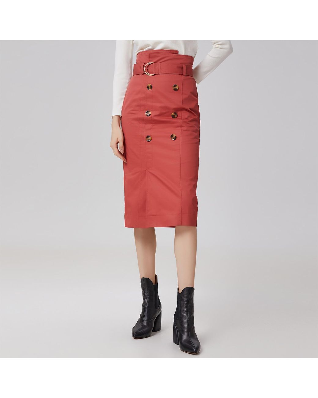 Smart and Joy Red Double-Breasted Straight Cotton Skirt With Belt