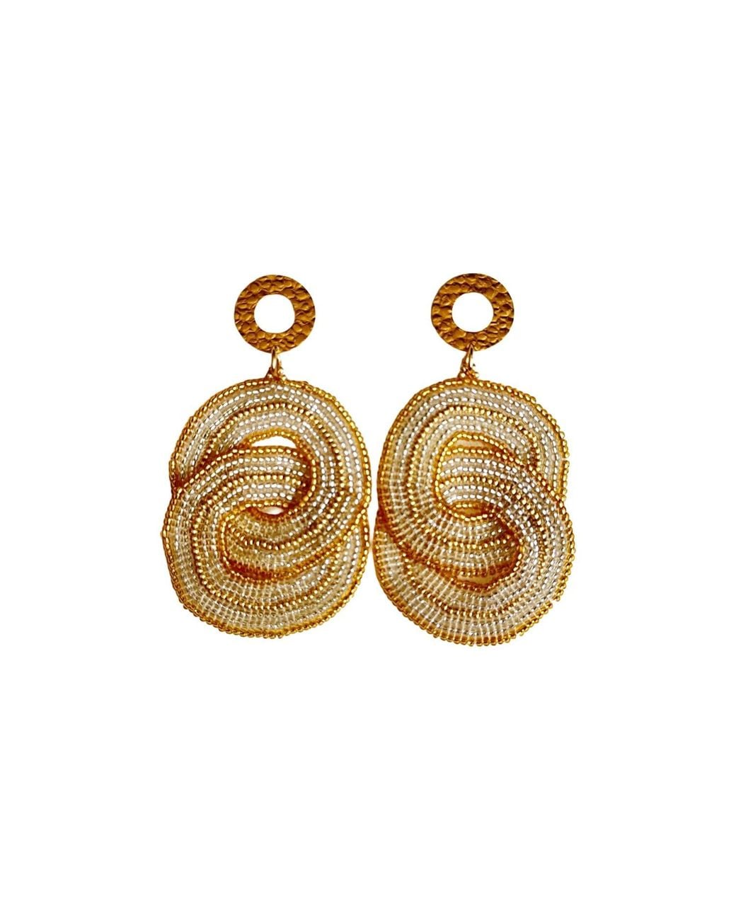 Iliana Arrazola Metallic Crisscrossed Circle Dangle Earrings, Glass Beads, Beaded Jewelry