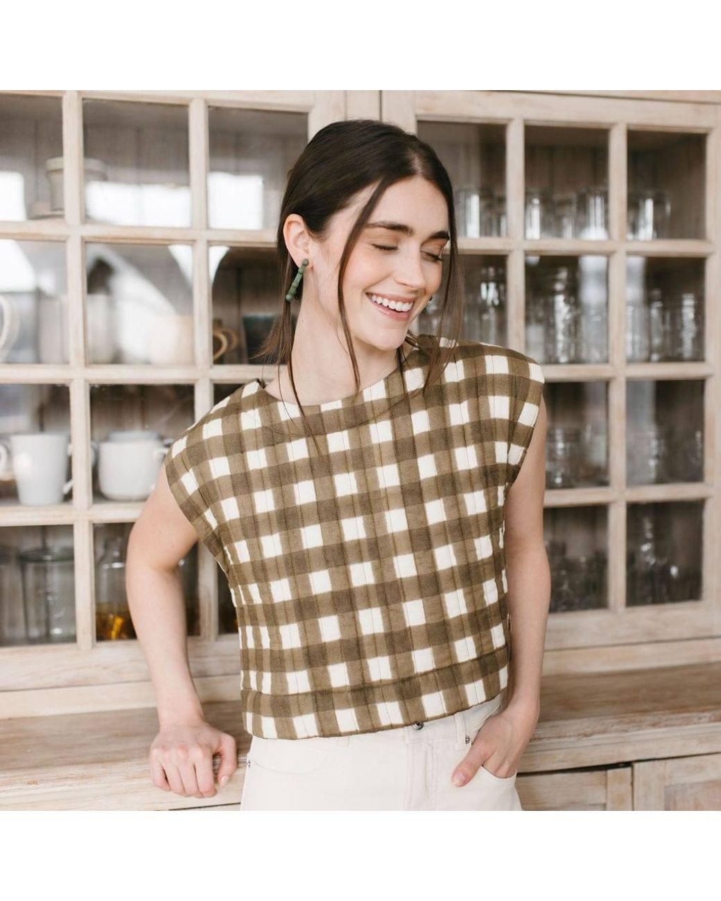 SUNSHINE TIENDA Green Painted Gingham Quilted Greta Top