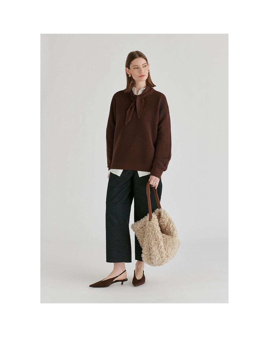 Paisie Brown Ribbed Jumper With Attached Scarf Tie
