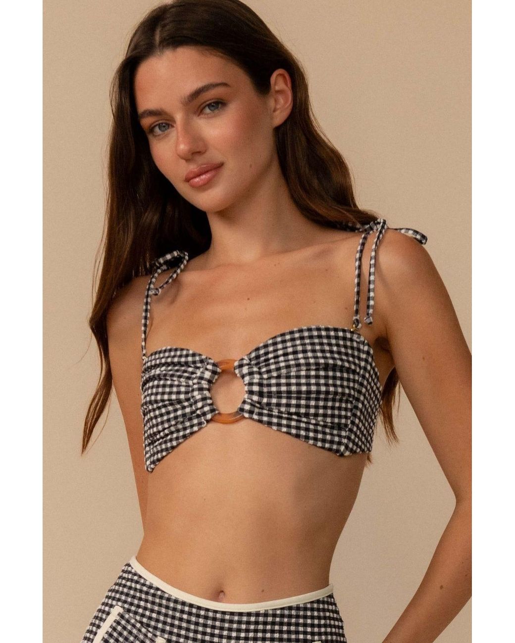 Montce Black Micro Gingham Tori Ties Bandeau Bikini Top