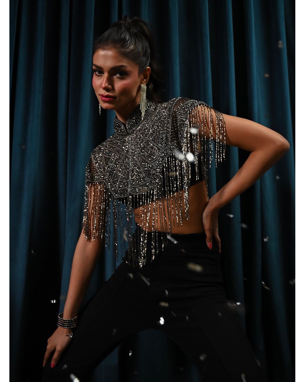 Rose & Nancy Black Bonnie Hand Embellished Fringe Cape Top