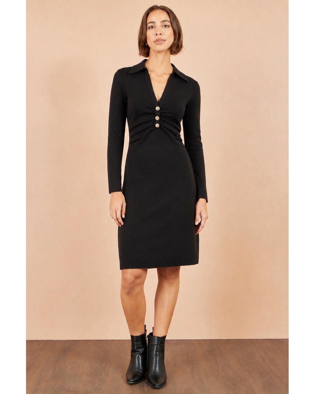 Yumi' Black Knitted Ruched Collar Dress