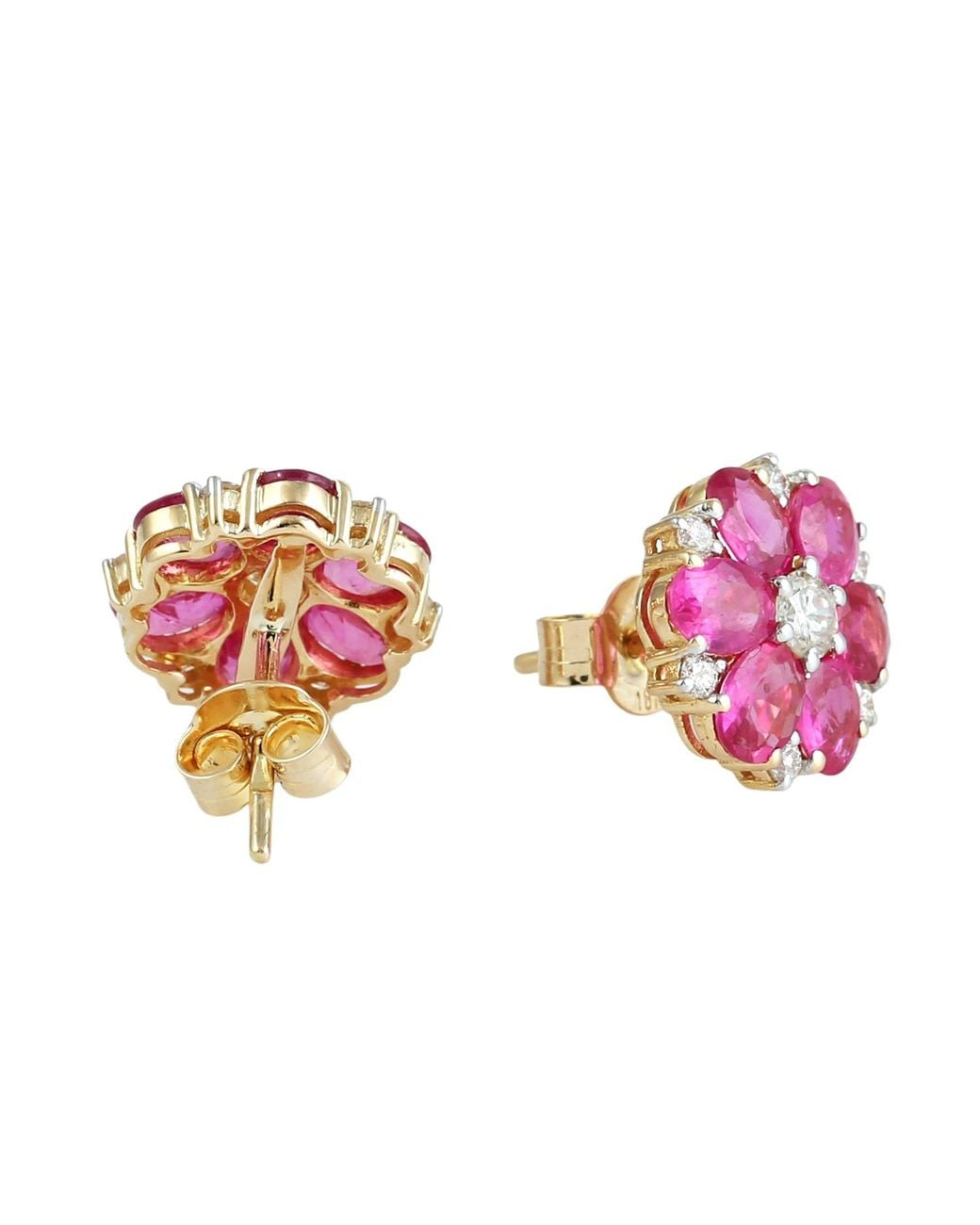 Artisan Pink Oval Cut Ruby & Diamond Flower Stud Earrings