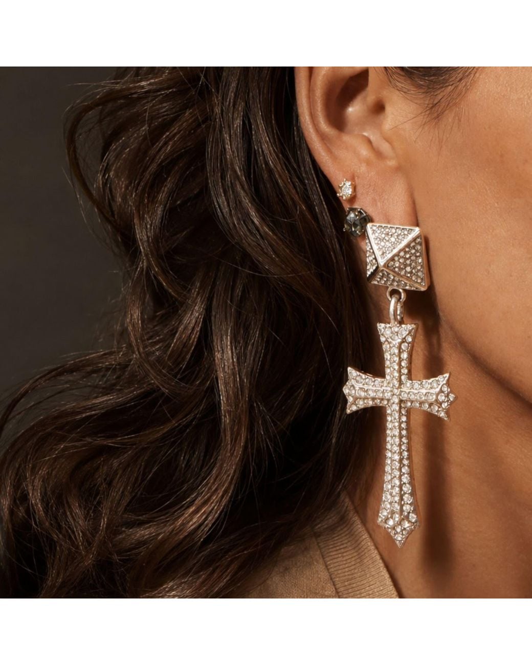 Jagged Halo Jewelry Metallic Cross Statement Stainless Steel Earrings Rhodium Plating