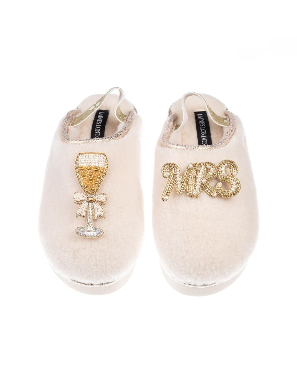 Laines London Natural Neutrals Flatform Cloud Closed Toe Slippers With Wedding Champers & Mrs Brooches