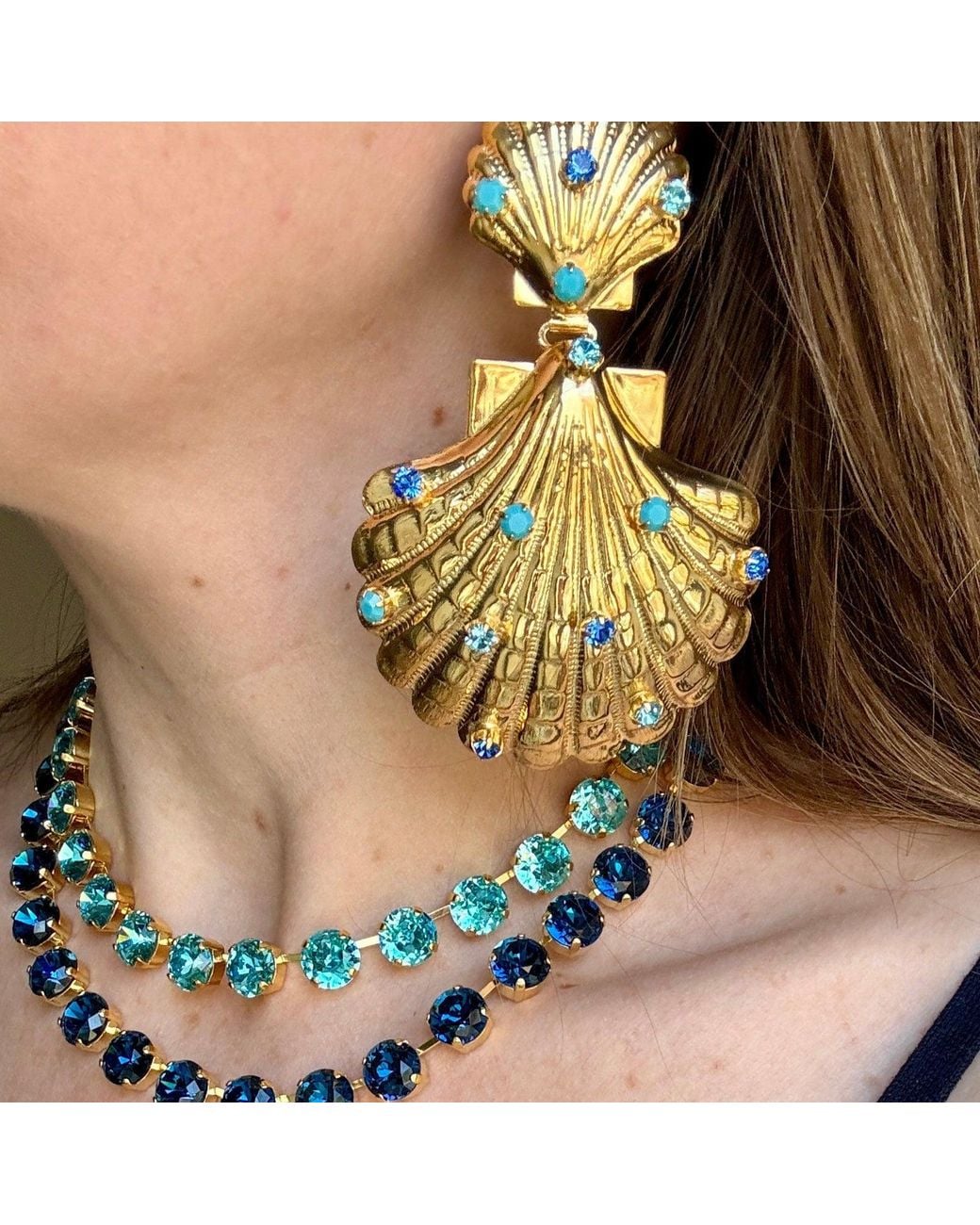 Laura Gray Green Crystal Double Shell Earrings