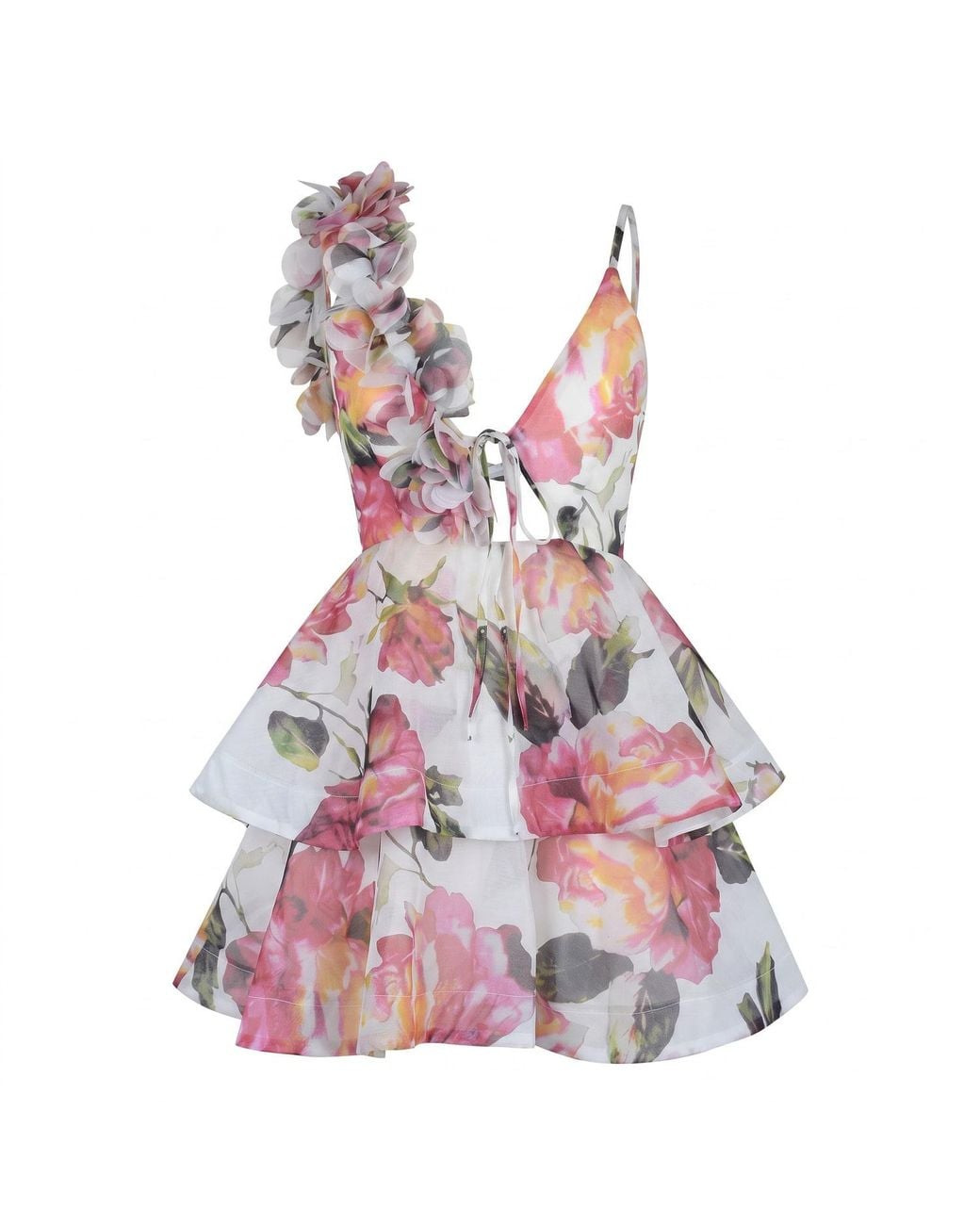 Modenaire Pink Floral Printed Mini Dress With Ruffle Layers And Tie Waist