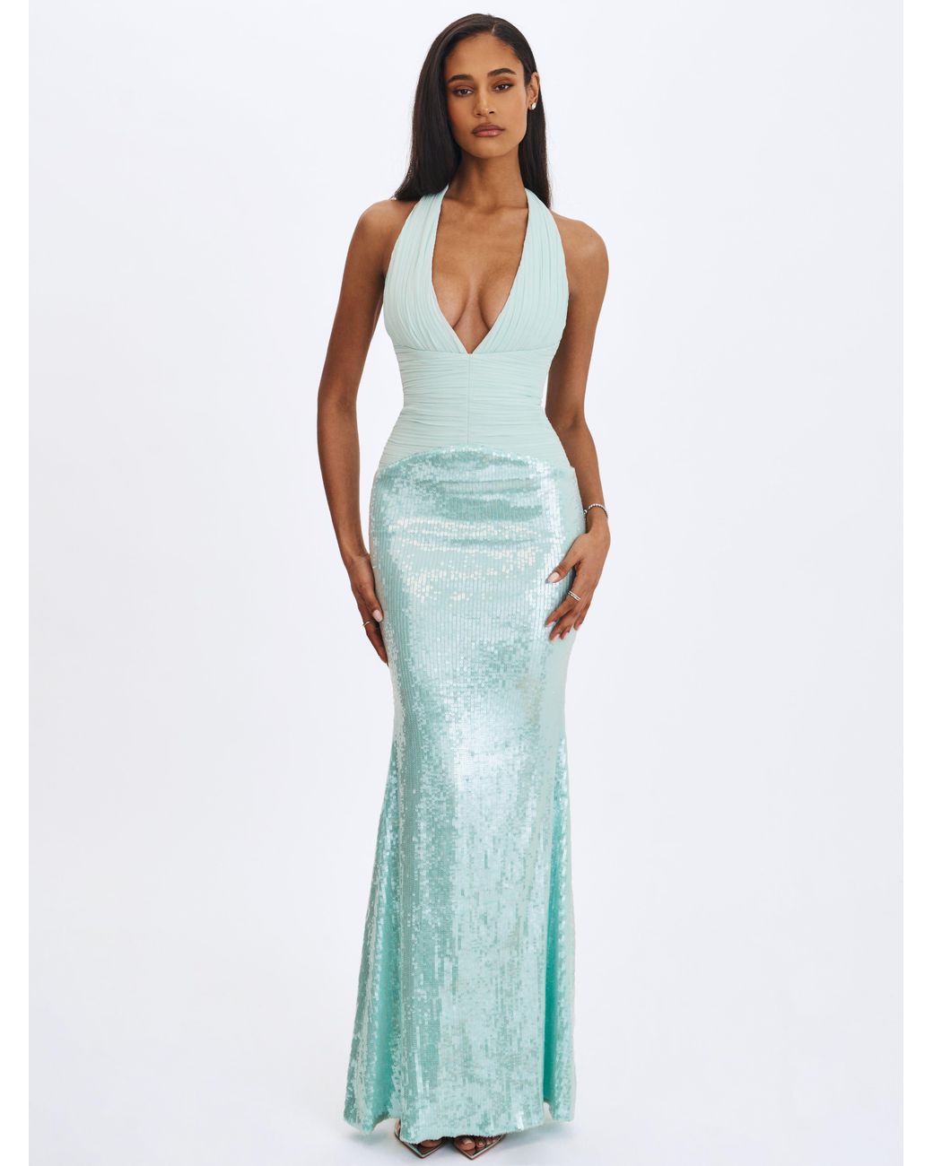 Miss Circle New York Green Wendale Mint Sequin Plunging Mermaid Maxi Dress