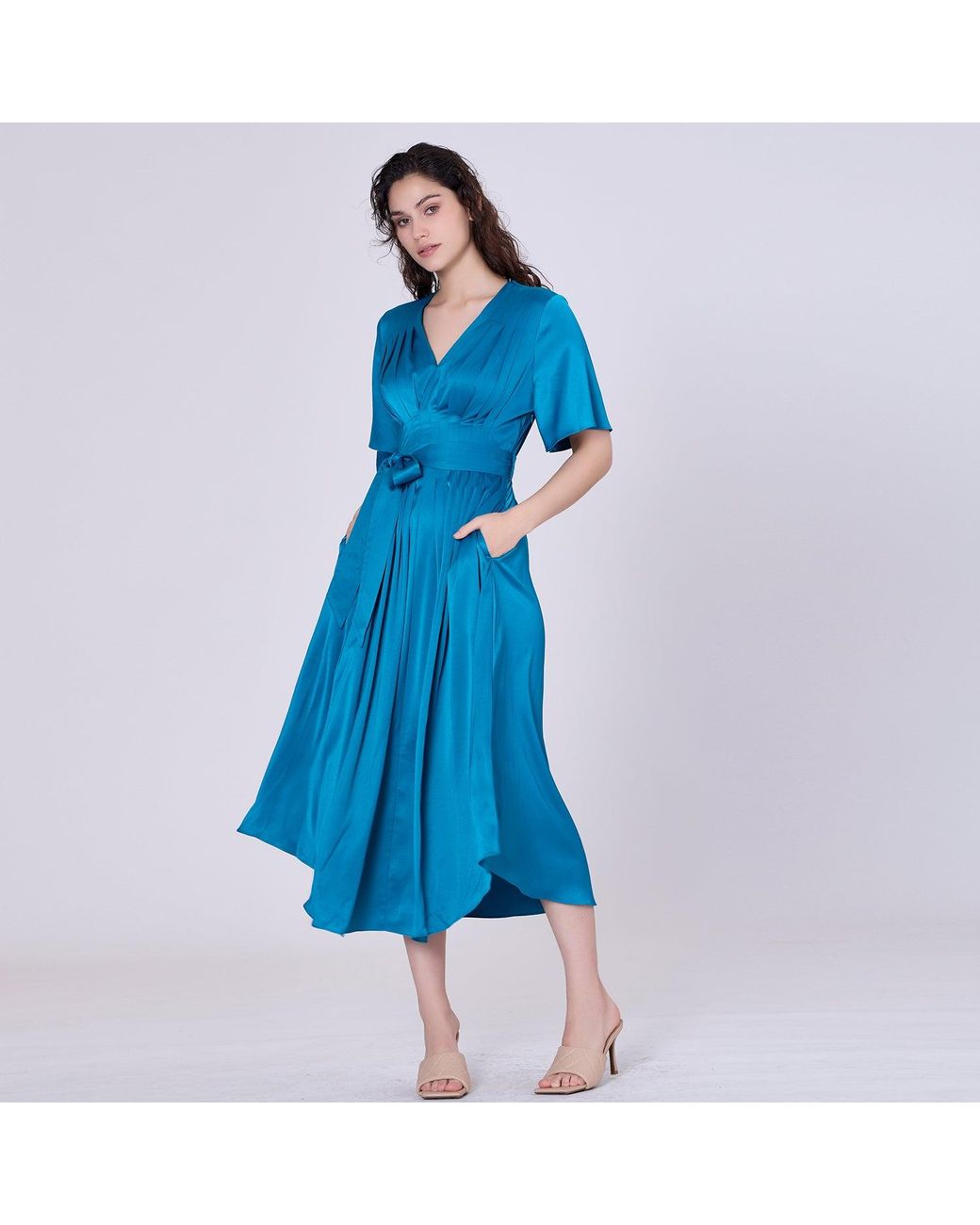 Smart and Joy Blue Multi Pleats Satin Gown