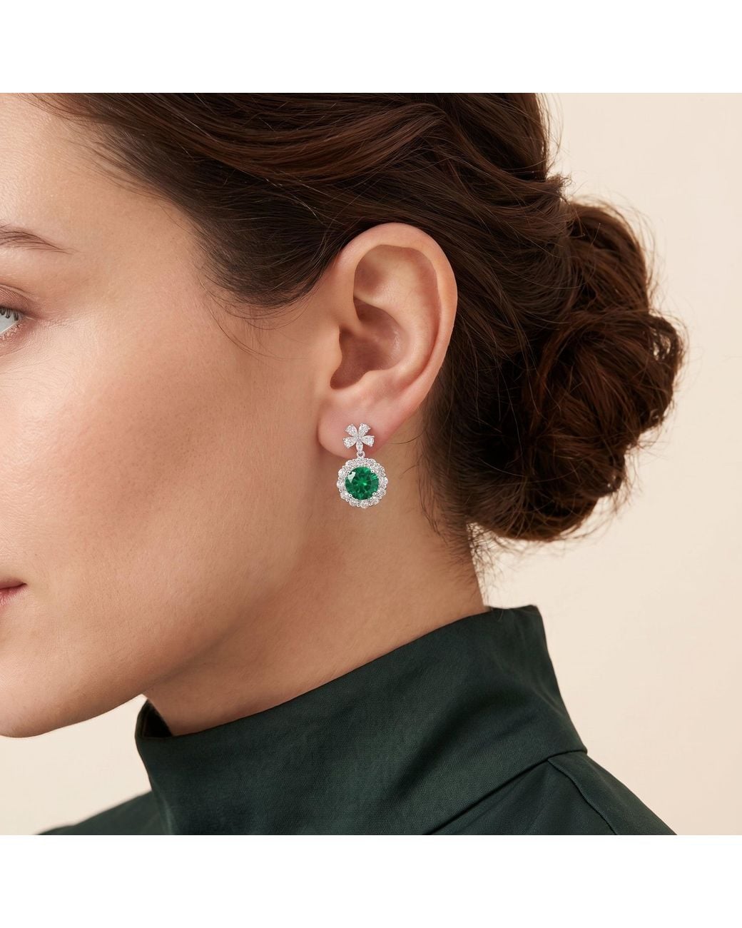 Juvetti Green Antoinette Round Emerald & Diamond Halo Pendant Earrings With Flower Bail